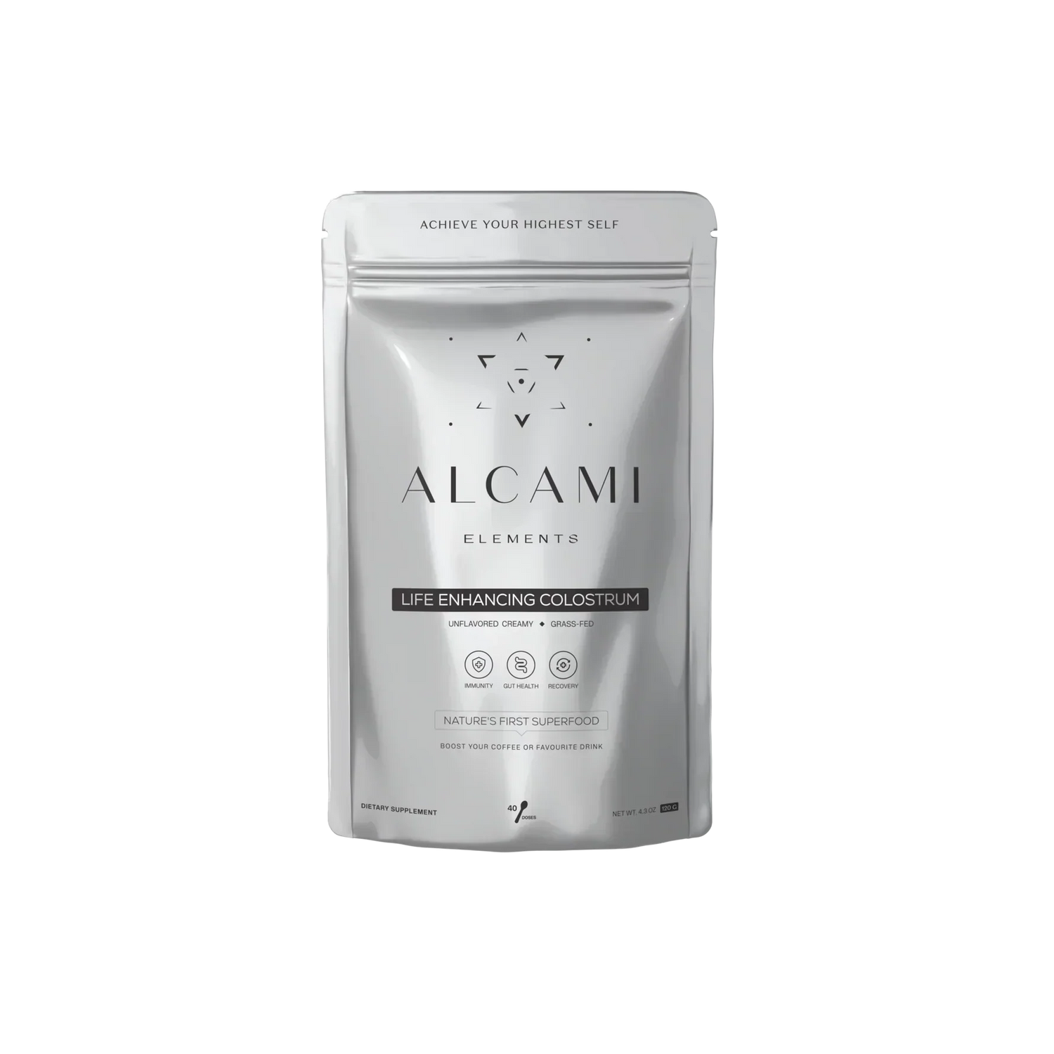 Product shot of Alcami Elements’ Colostrum sourced from premium, grass-fed, and grass-finished cattle